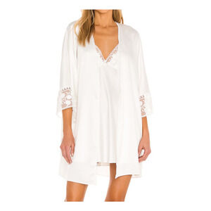Flora Nikrooz Satin Robe Womens L/XL White Lace Sleeve Sheer Back Belted Short